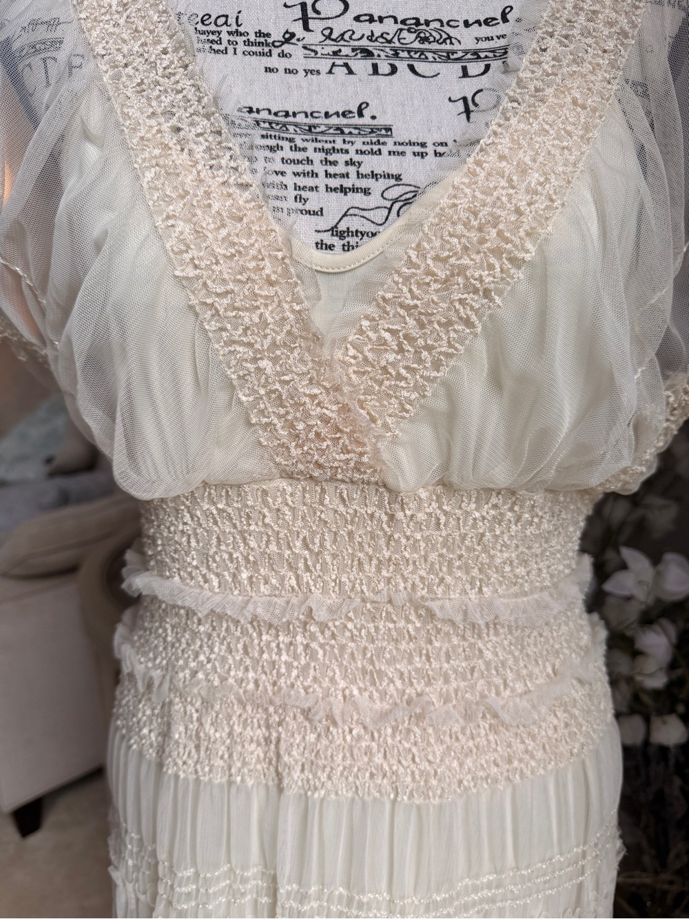 Vintage Max Studio Cream White Tiered Midi Dress Smocked Waist Large Boho Fairy - Picture 3 of 13